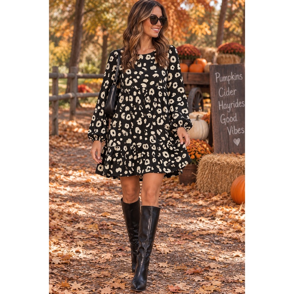 Shein Leopard Print Long Sleeve Babydoll Mini Dress Black Cream Small